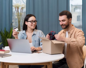 couple enjoying online order they received