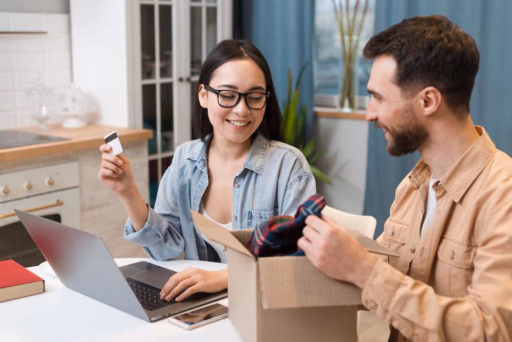 side view couple enjoying online order they received